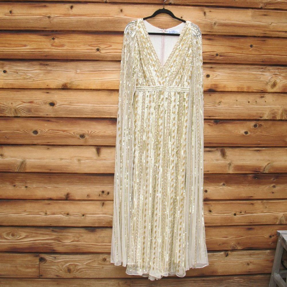 NWT Mac Duggal 5915 SEQUINED V-NECK GOWN Dress WITH CAPE SLEEVES Nude Silver 8 - Picture 5 of 15